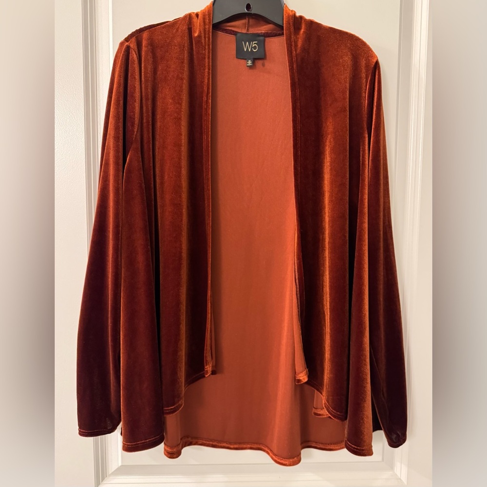 #1311 - W5 Anthro Velvet Velour Open Drape Front Long Sleeve Cardi Jacket Copper